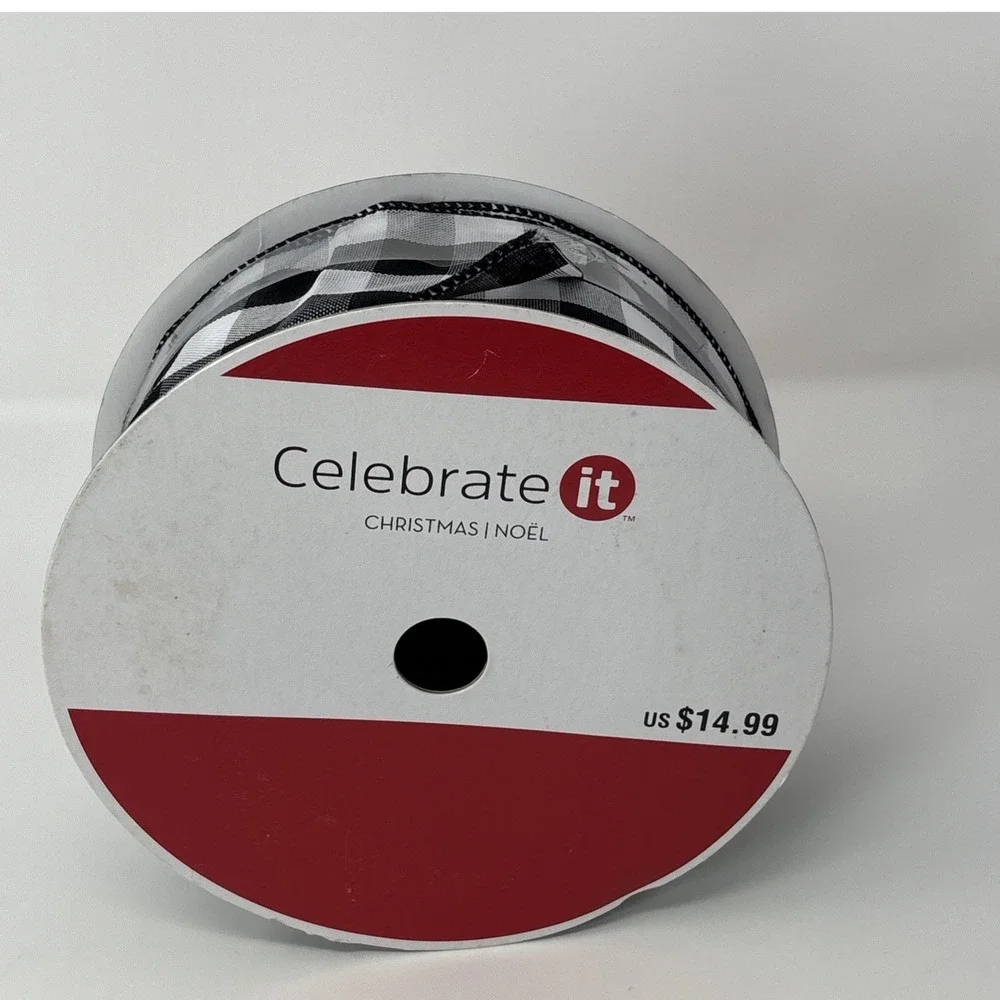 Celebrate It Black White‎ Buffalo Plaid Wired Jumbo Ribbon 2.5in x 75ft 627000